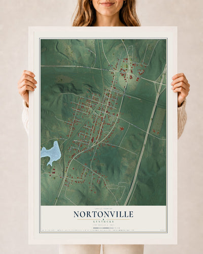 Map of Nortonville, Kentucky, 24 x 36 inch print in a white wood frame