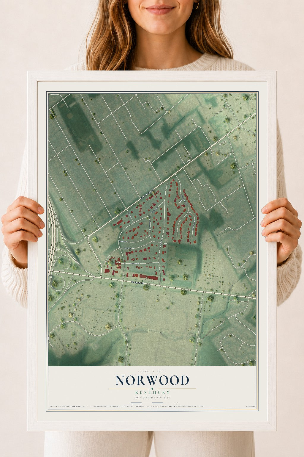 Map of Norwood, Kentucky, 18 x 24 inch print in a white wood frame