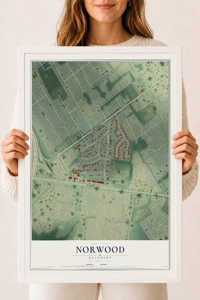 Map of Norwood, Kentucky, 18 x 24 inch print in a white wood frame