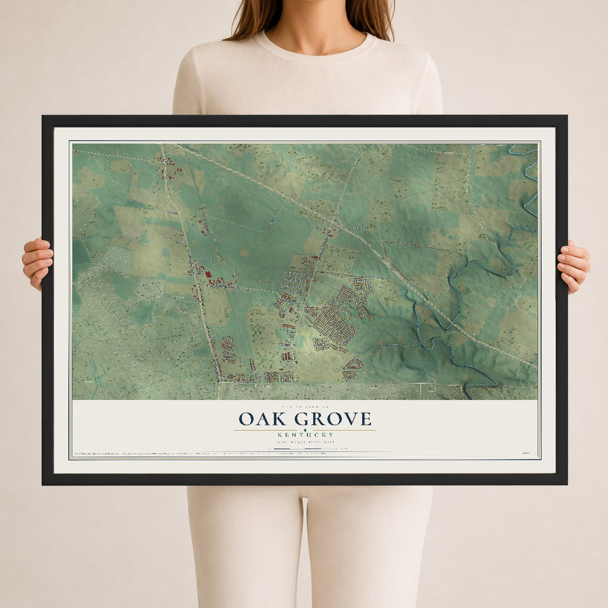 Map of Oak Grove, Kentucky, 24 x 36 inch print in a black wood frame
