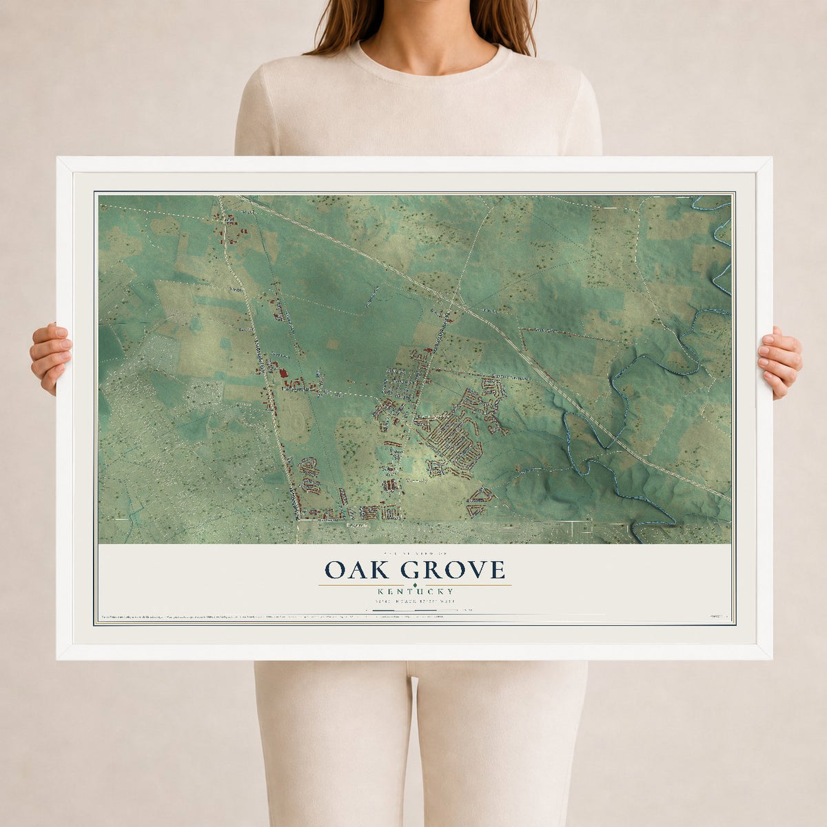 Map of Oak Grove, Kentucky, 24 x 36 inch print in a white wood frame