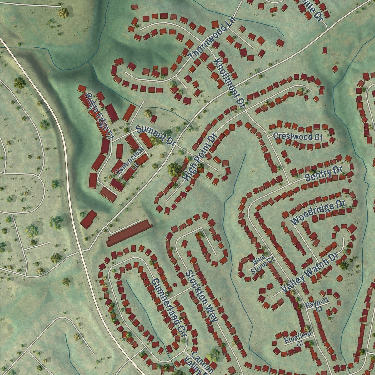 Second close-up of the map of Oakbrook, Kentucky print showing more streets and buildings