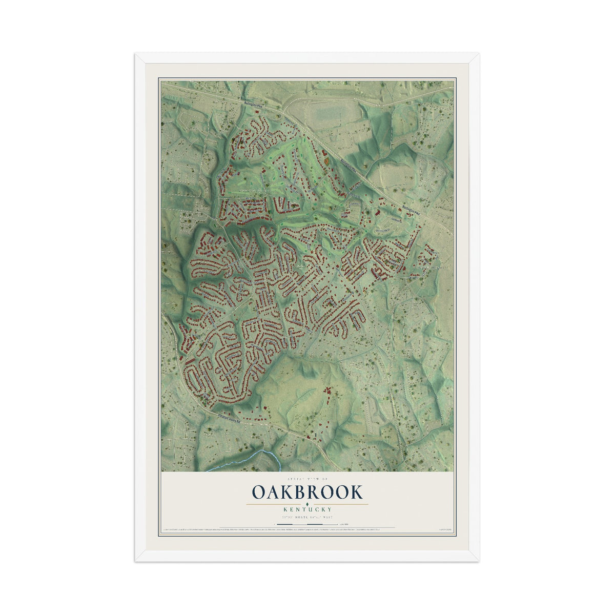 Map of Oakbrook, Kentucky, 12 x 18 inch print in a white wood frame
