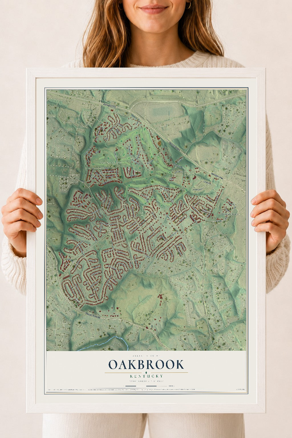 Map of Oakbrook, Kentucky, 18 x 24 inch print in a white wood frame