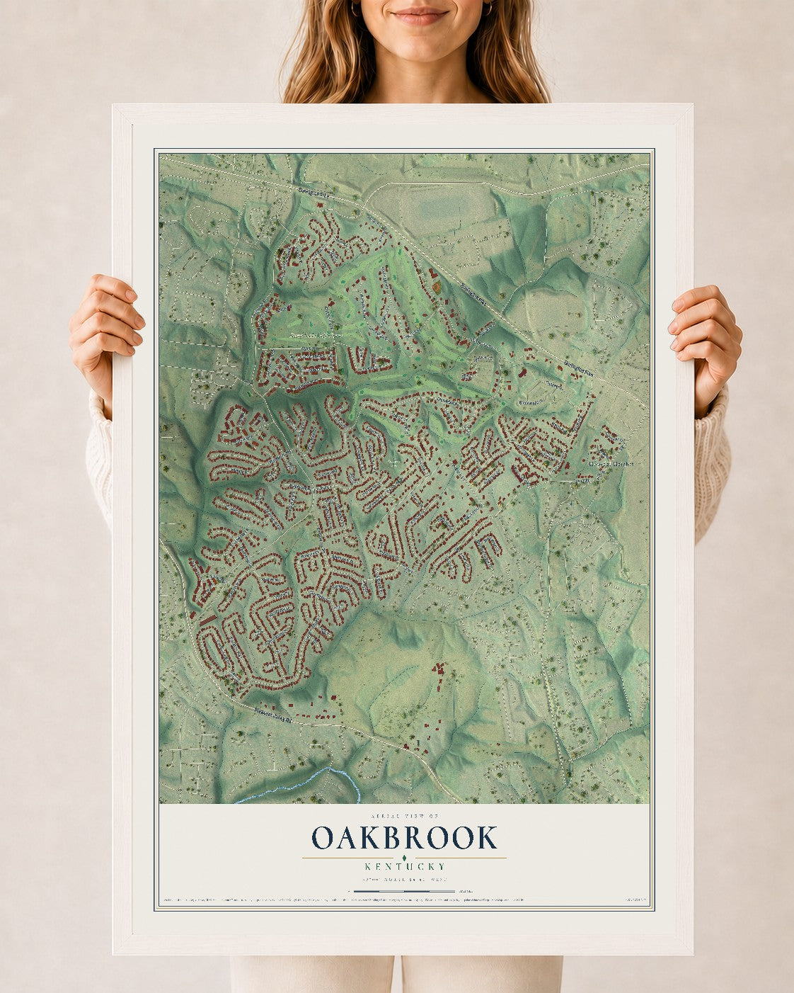 Map of Oakbrook, Kentucky, 24 x 36 inch print in a white wood frame