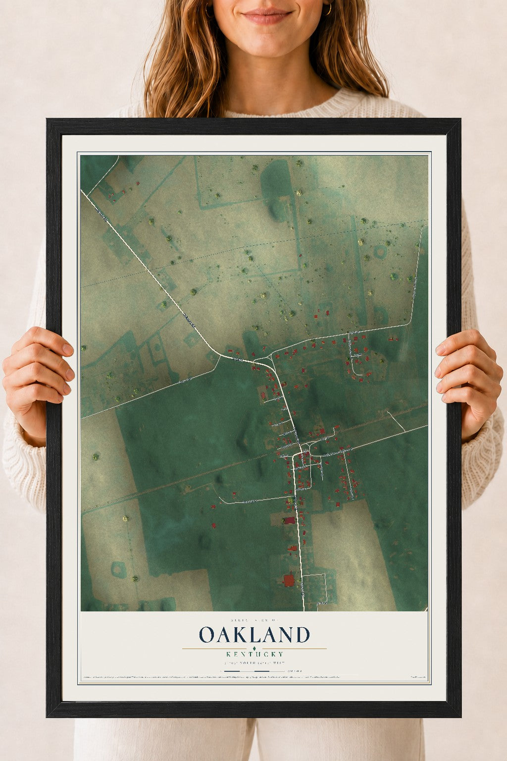 Map of Oakland, Kentucky, 18 x 24 inch print in a black wood frame