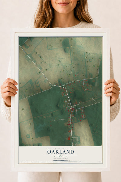 Map of Oakland, Kentucky, 18 x 24 inch print in a white wood frame