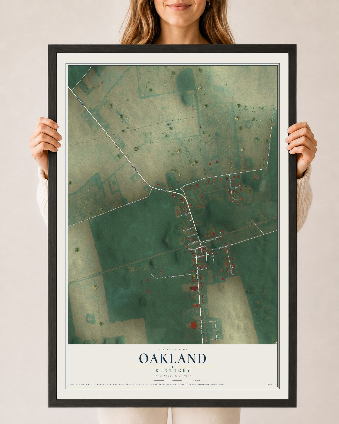 Map of Oakland, Kentucky, 24 x 36 inch print in a black wood frame