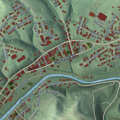 Close-up of the map of Olive Hill, Kentucky print showing street and building detail