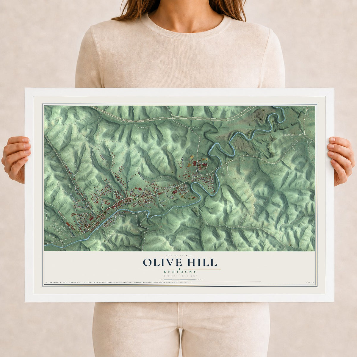 Map of Olive Hill, Kentucky, 12 x 18 inch print in a white wood frame