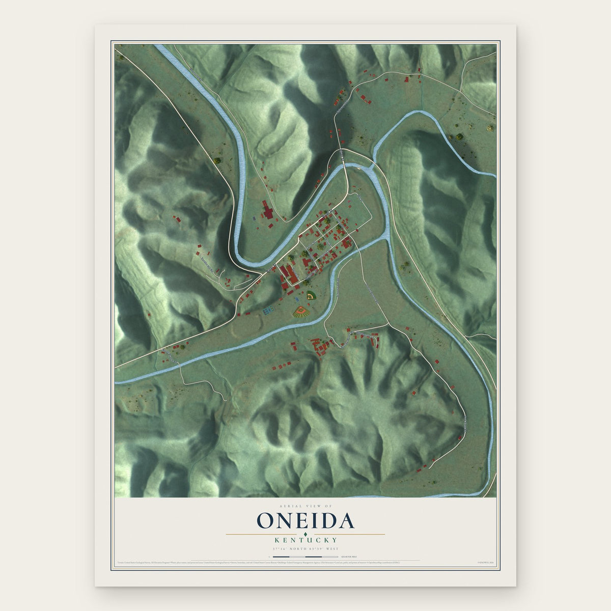 Oneida, Kentucky map print, the full design