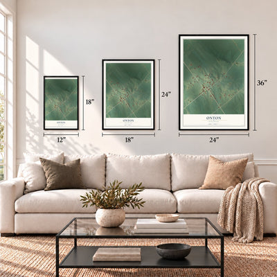 Onton, Kentucky map in 12 x 18, 18 x 24 and 24 x 36 inch sizes above a sofa