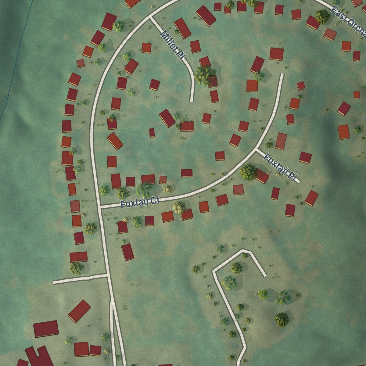 Second close-up of the map of Orchard Grass Hills, Kentucky print showing more streets and buildings