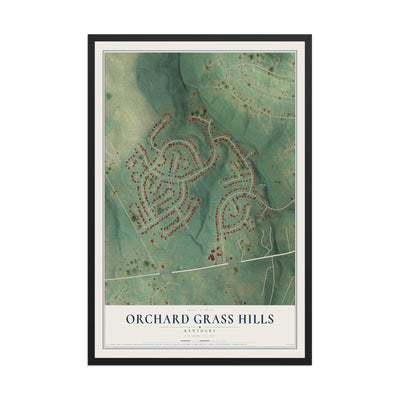 Map of Orchard Grass Hills, Kentucky, 12 x 18 inch print in a black wood frame