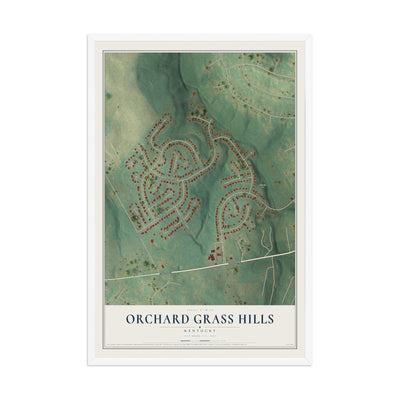 Map of Orchard Grass Hills, Kentucky, 12 x 18 inch print in a white wood frame