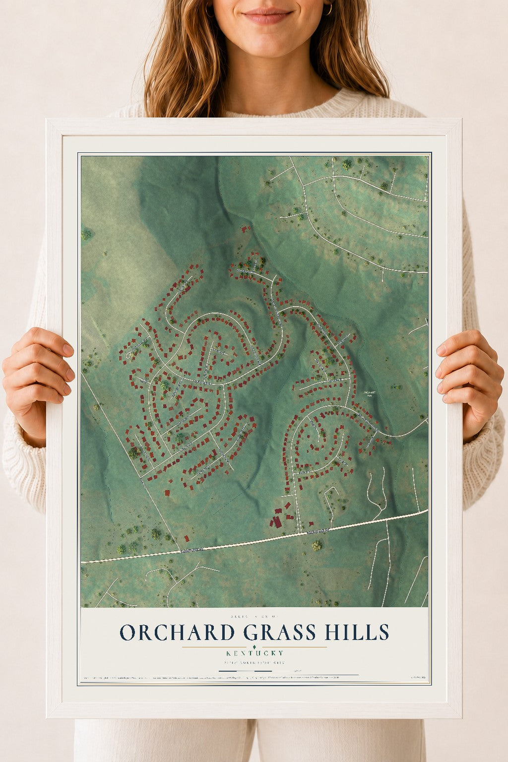 Map of Orchard Grass Hills, Kentucky, 18 x 24 inch print in a white wood frame