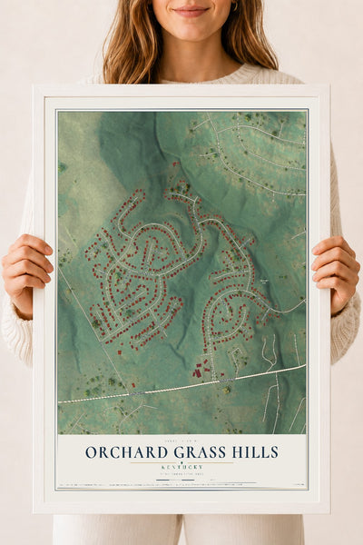 Map of Orchard Grass Hills, Kentucky, 18 x 24 inch print in a white wood frame