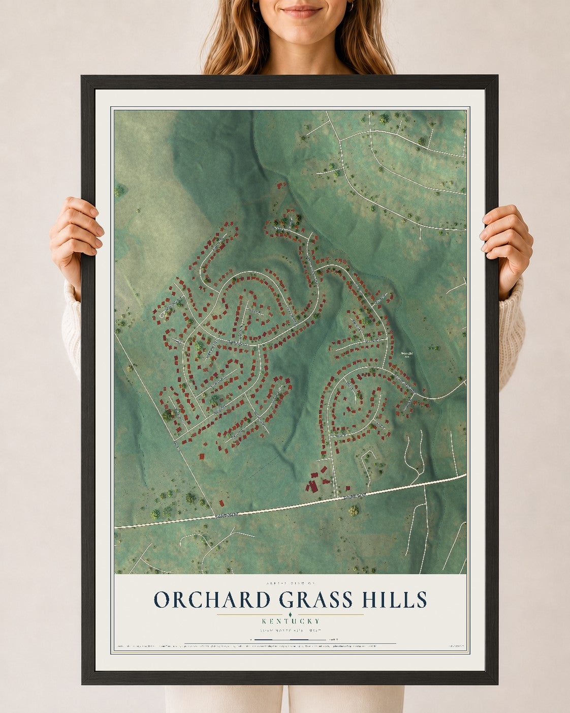 Map of Orchard Grass Hills, Kentucky, 24 x 36 inch print in a black wood frame