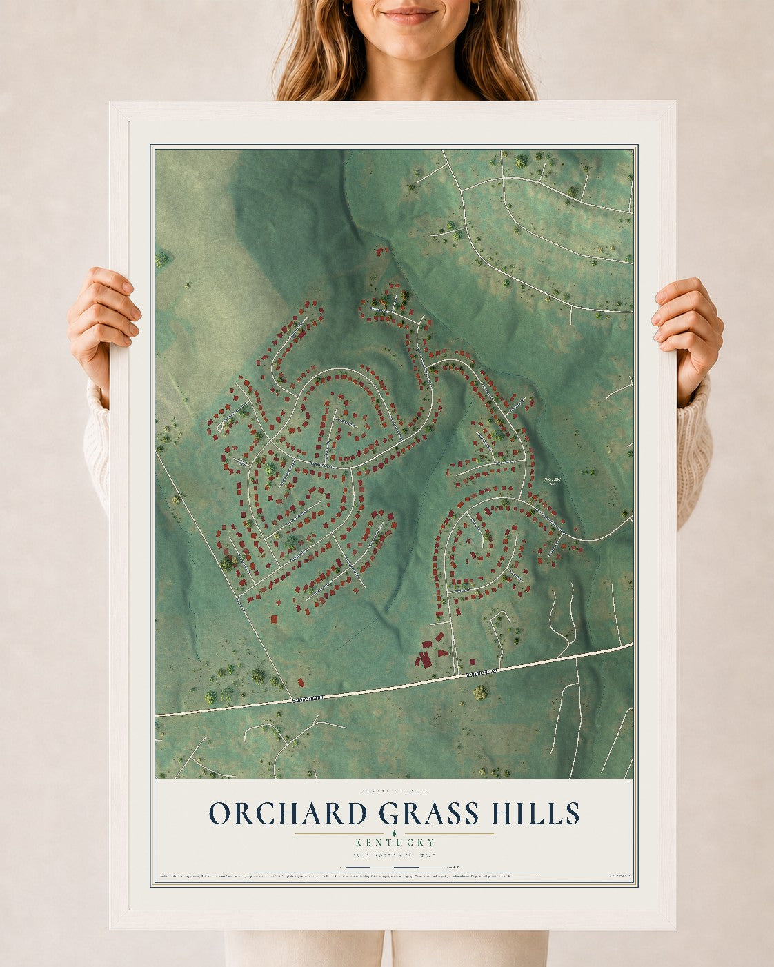 Map of Orchard Grass Hills, Kentucky, 24 x 36 inch print in a white wood frame