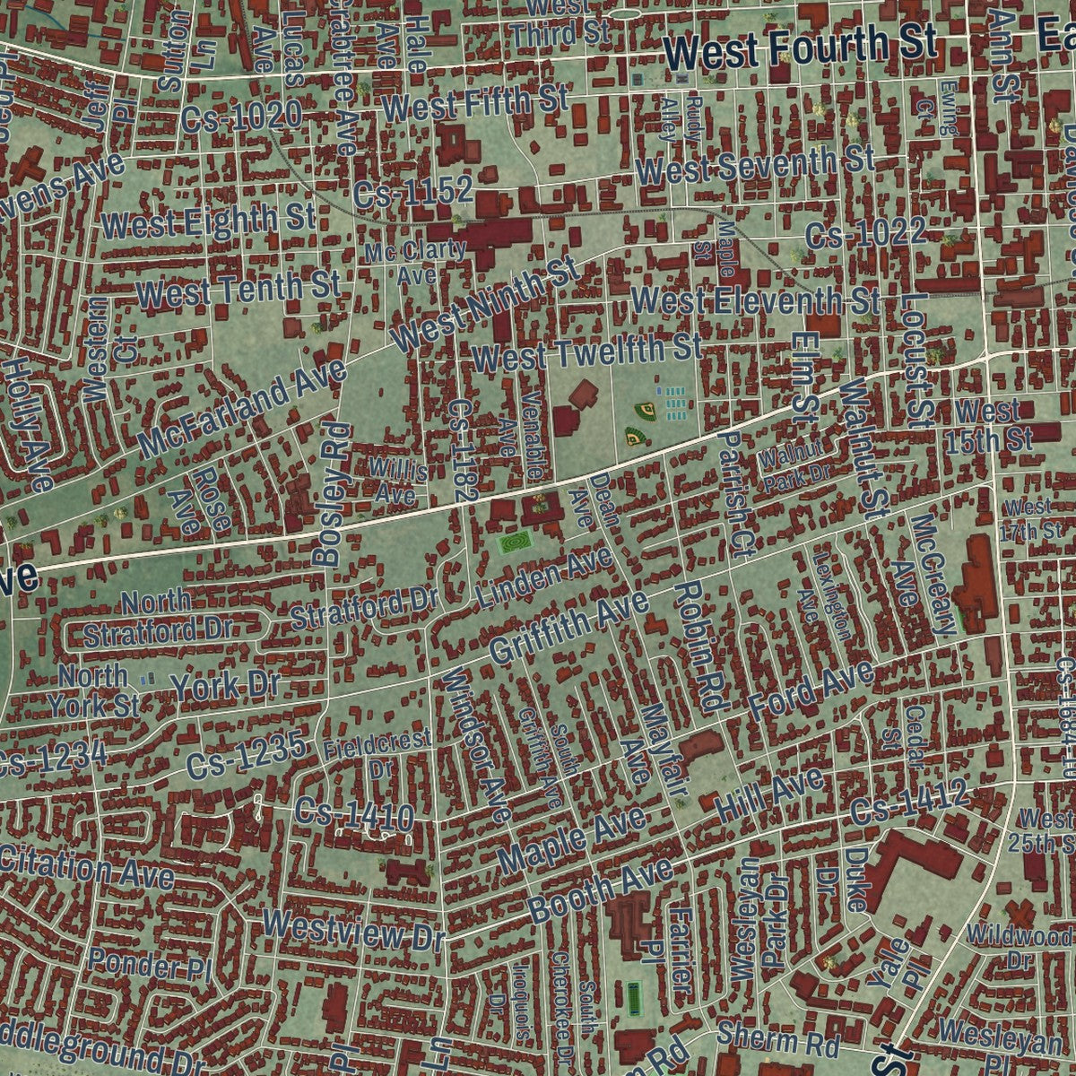 Close-up of the map of Owensboro, Kentucky print showing street and building detail