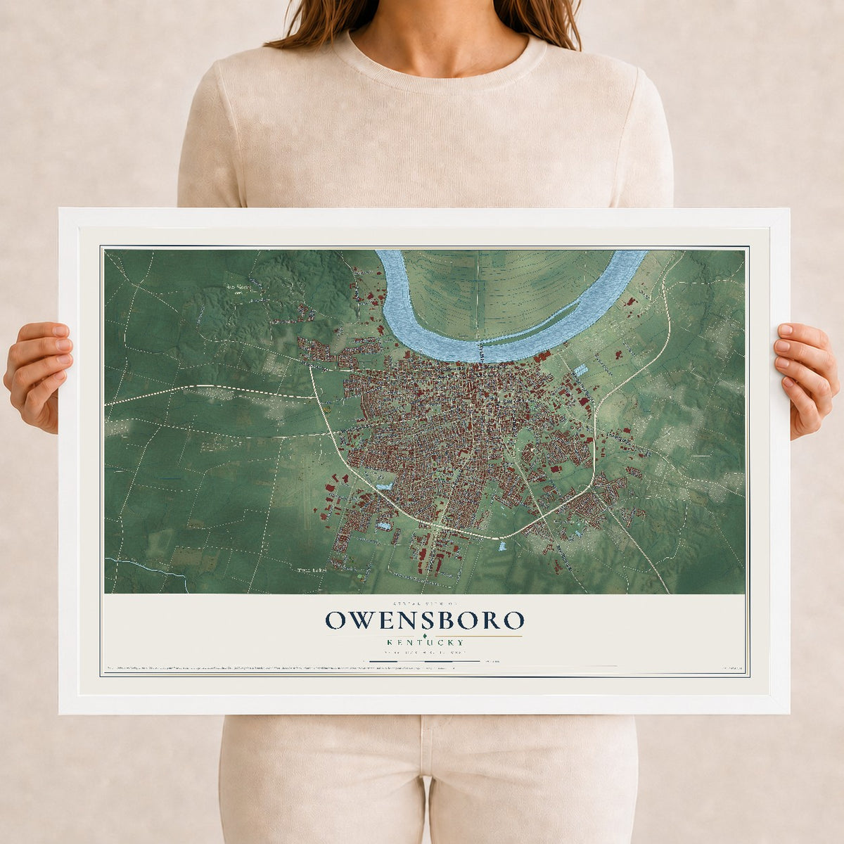 Map of Owensboro, Kentucky, 12 x 18 inch print in a white wood frame