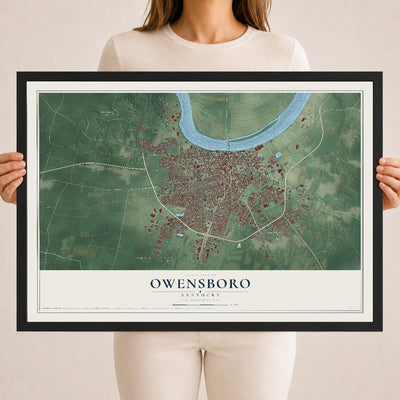 Map of Owensboro, Kentucky, 18 x 24 inch print in a black wood frame