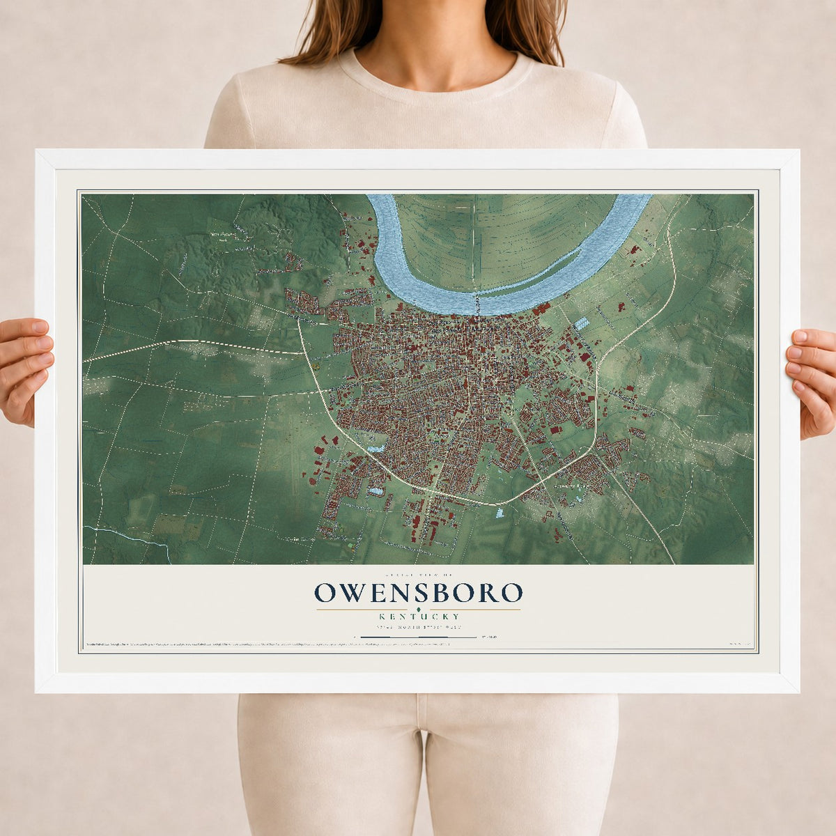 Map of Owensboro, Kentucky, 18 x 24 inch print in a white wood frame