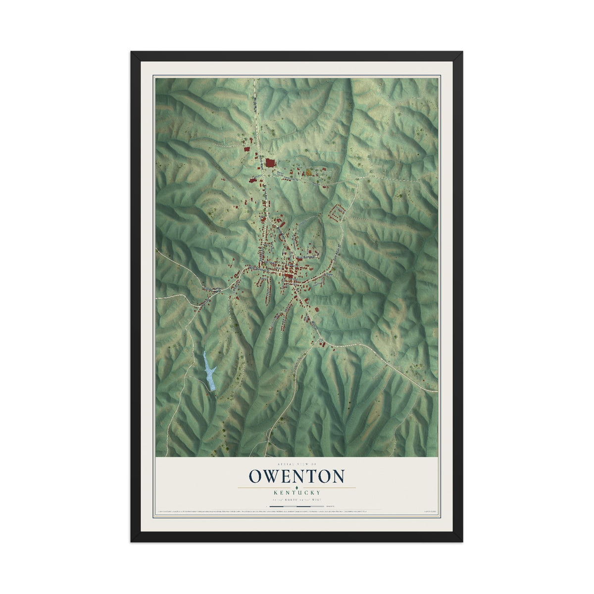 Map of Owenton, Kentucky, 12 x 18 inch print in a black wood frame