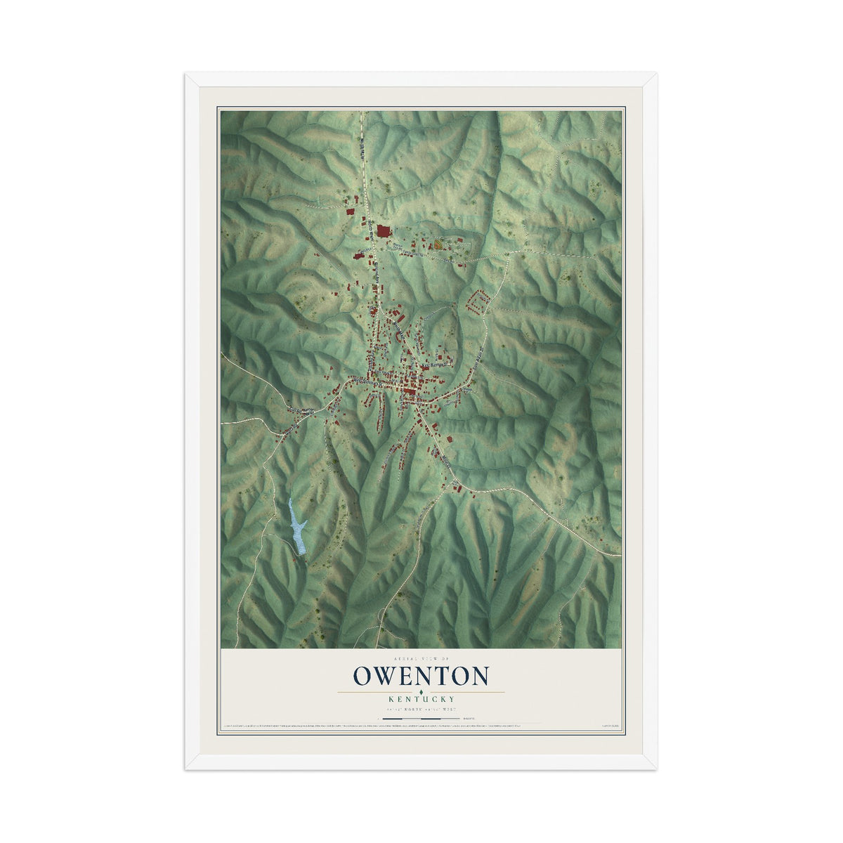 Map of Owenton, Kentucky, 12 x 18 inch print in a white wood frame