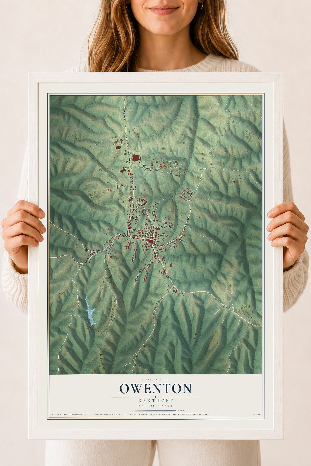 Map of Owenton, Kentucky, 18 x 24 inch print in a white wood frame