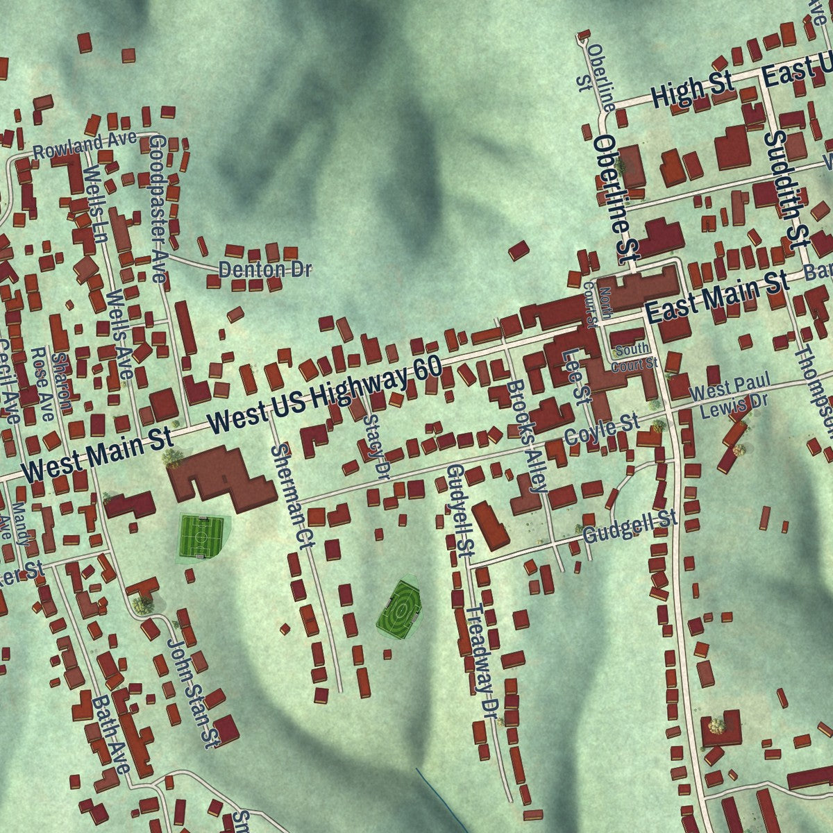 Close-up of the map of Owingsville, Kentucky print showing street and building detail