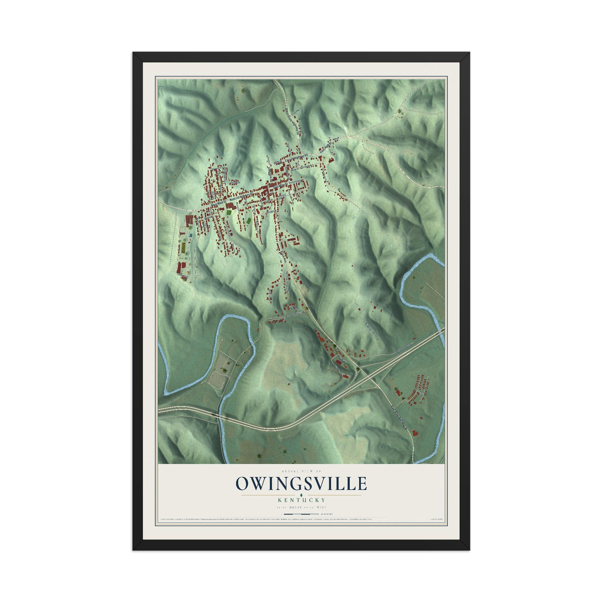 Map of Owingsville, Kentucky, 12 x 18 inch print in a black wood frame
