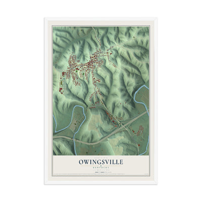 Map of Owingsville, Kentucky, 12 x 18 inch print in a white wood frame