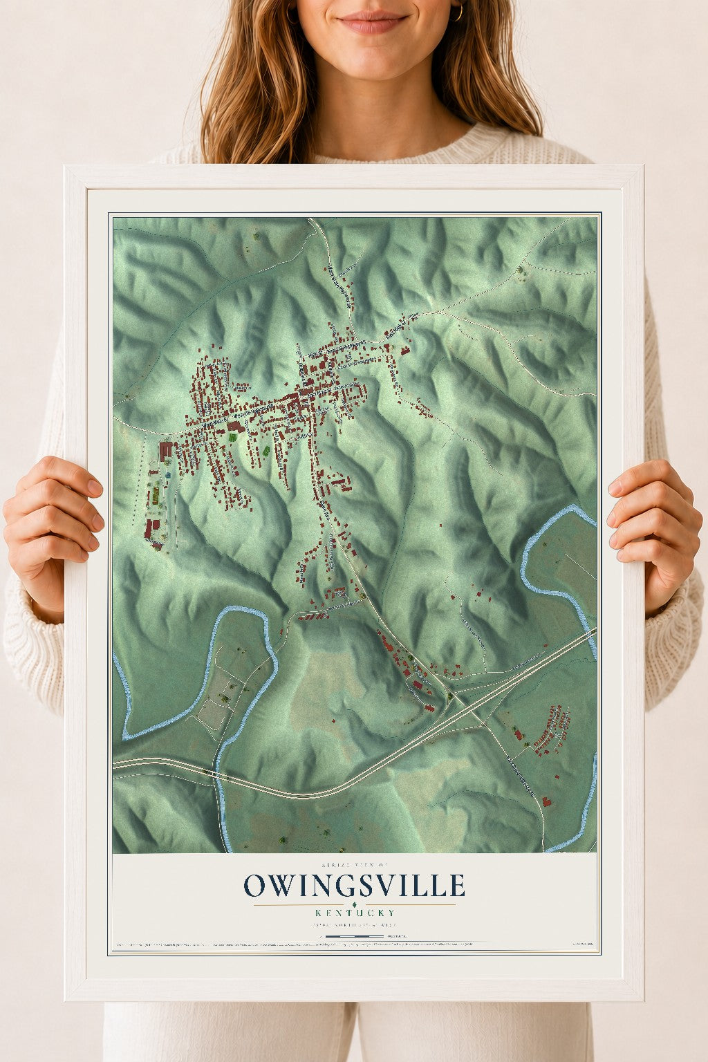 Map of Owingsville, Kentucky, 18 x 24 inch print in a white wood frame