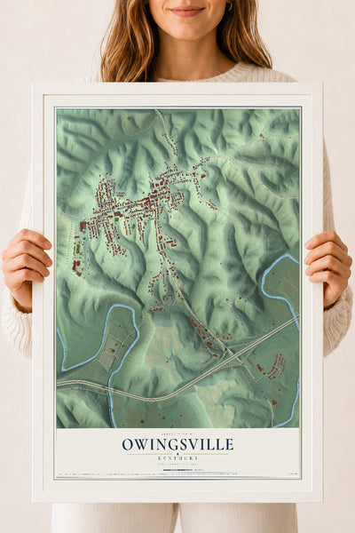 Map of Owingsville, Kentucky, 18 x 24 inch print in a white wood frame