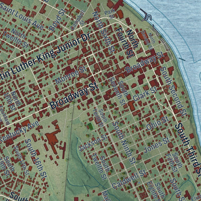 Close-up of the map of Paducah, Kentucky print showing street and building detail