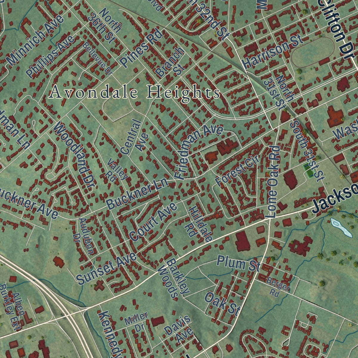 Second close-up of the map of Paducah, Kentucky print showing more streets and buildings
