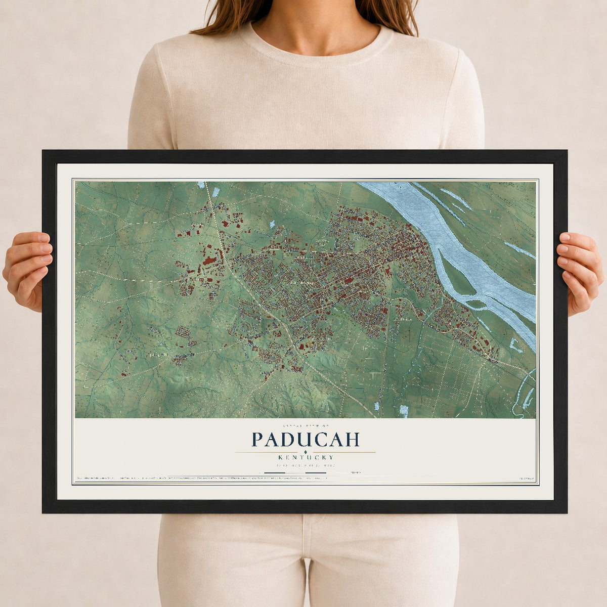 Map of Paducah, Kentucky, 12 x 18 inch print in a black wood frame