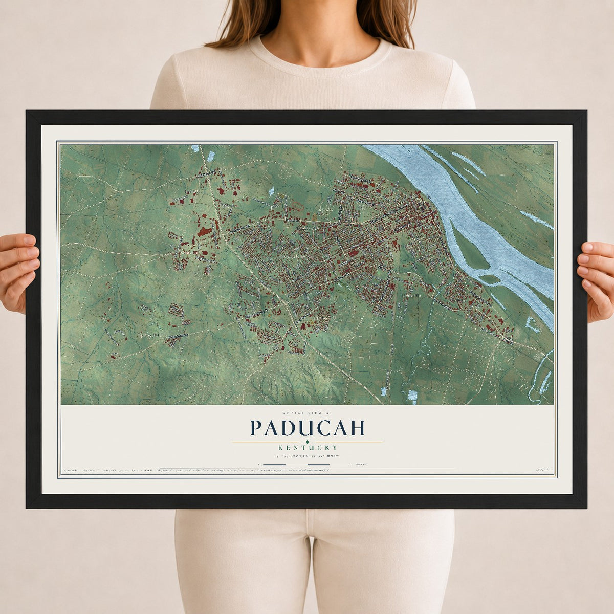 Map of Paducah, Kentucky, 18 x 24 inch print in a black wood frame