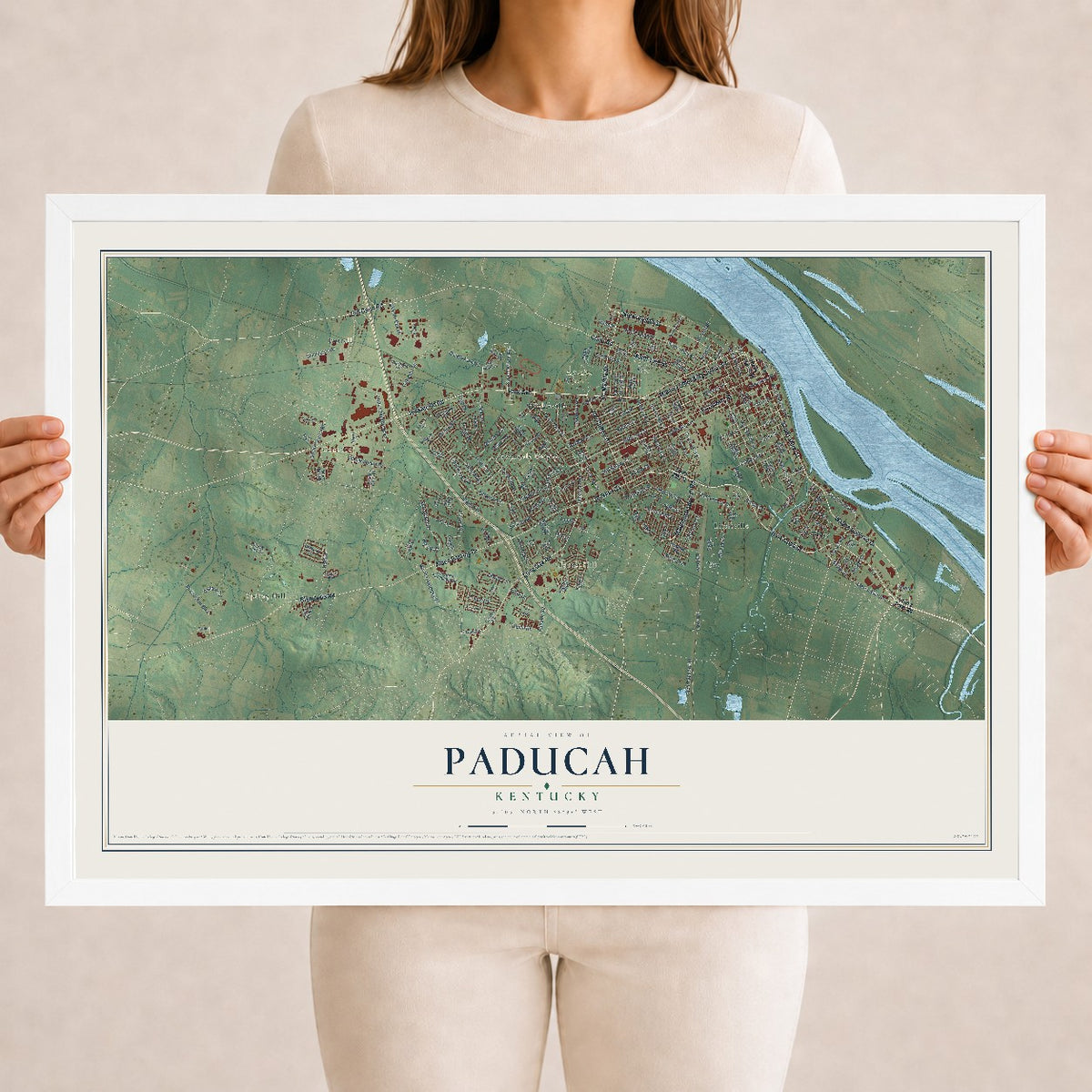 Map of Paducah, Kentucky, 18 x 24 inch print in a white wood frame