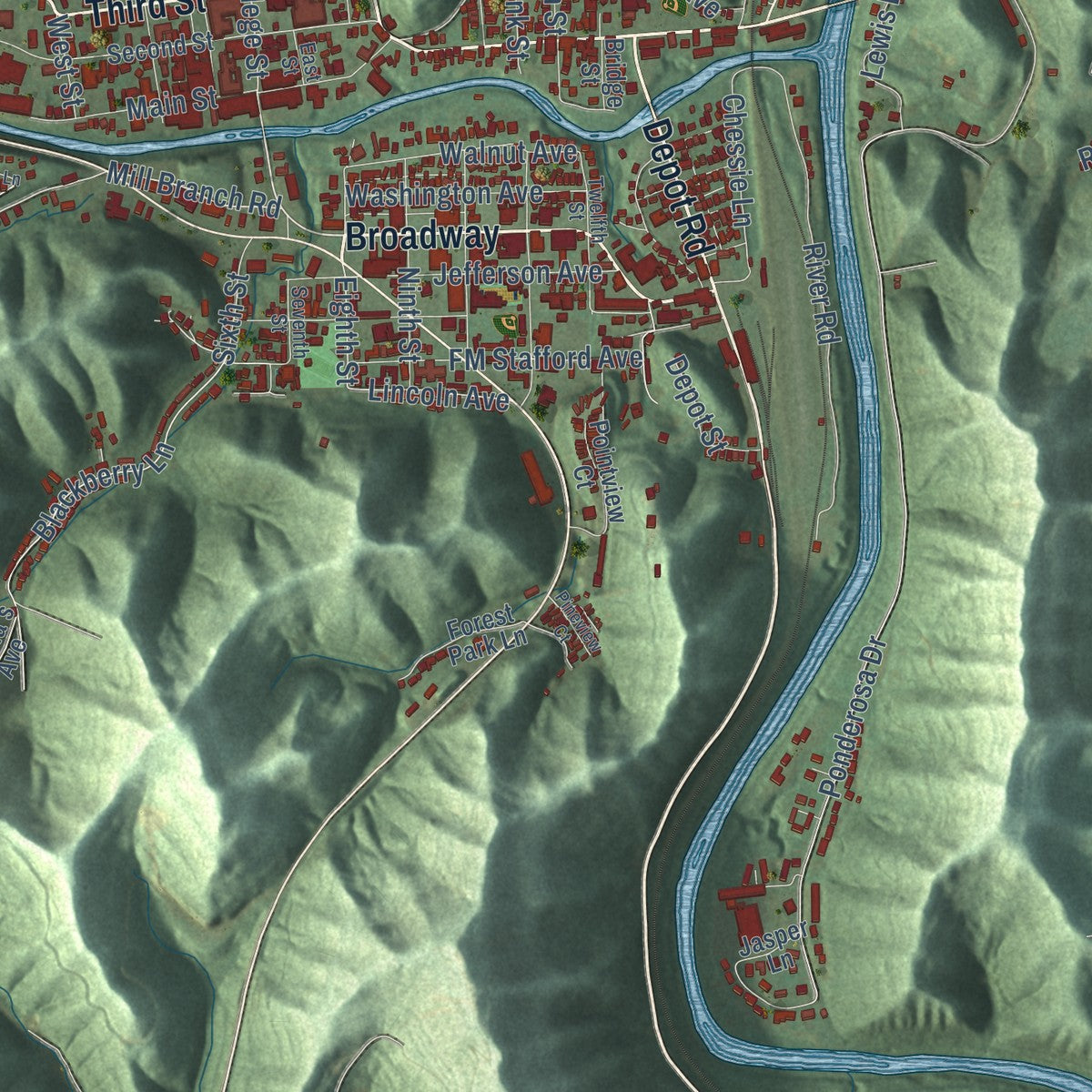 Close-up of the map of Paintsville, Kentucky print showing street and building detail