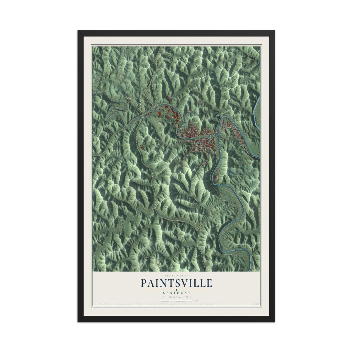 Map of Paintsville, Kentucky, 12 x 18 inch print in a black wood frame