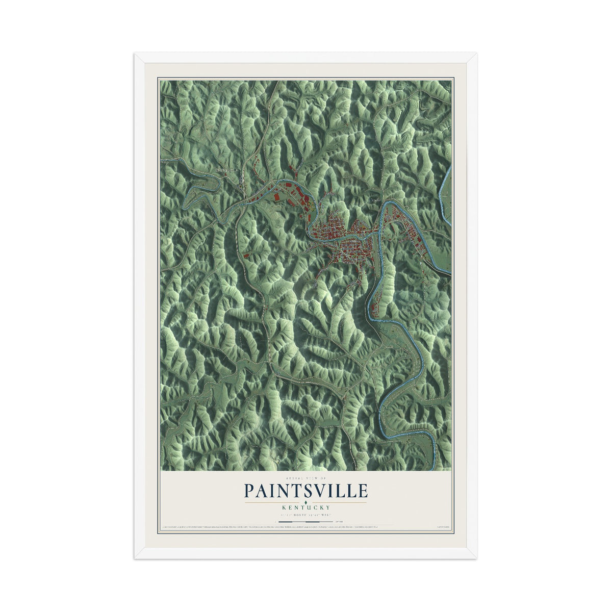 Map of Paintsville, Kentucky, 12 x 18 inch print in a white wood frame