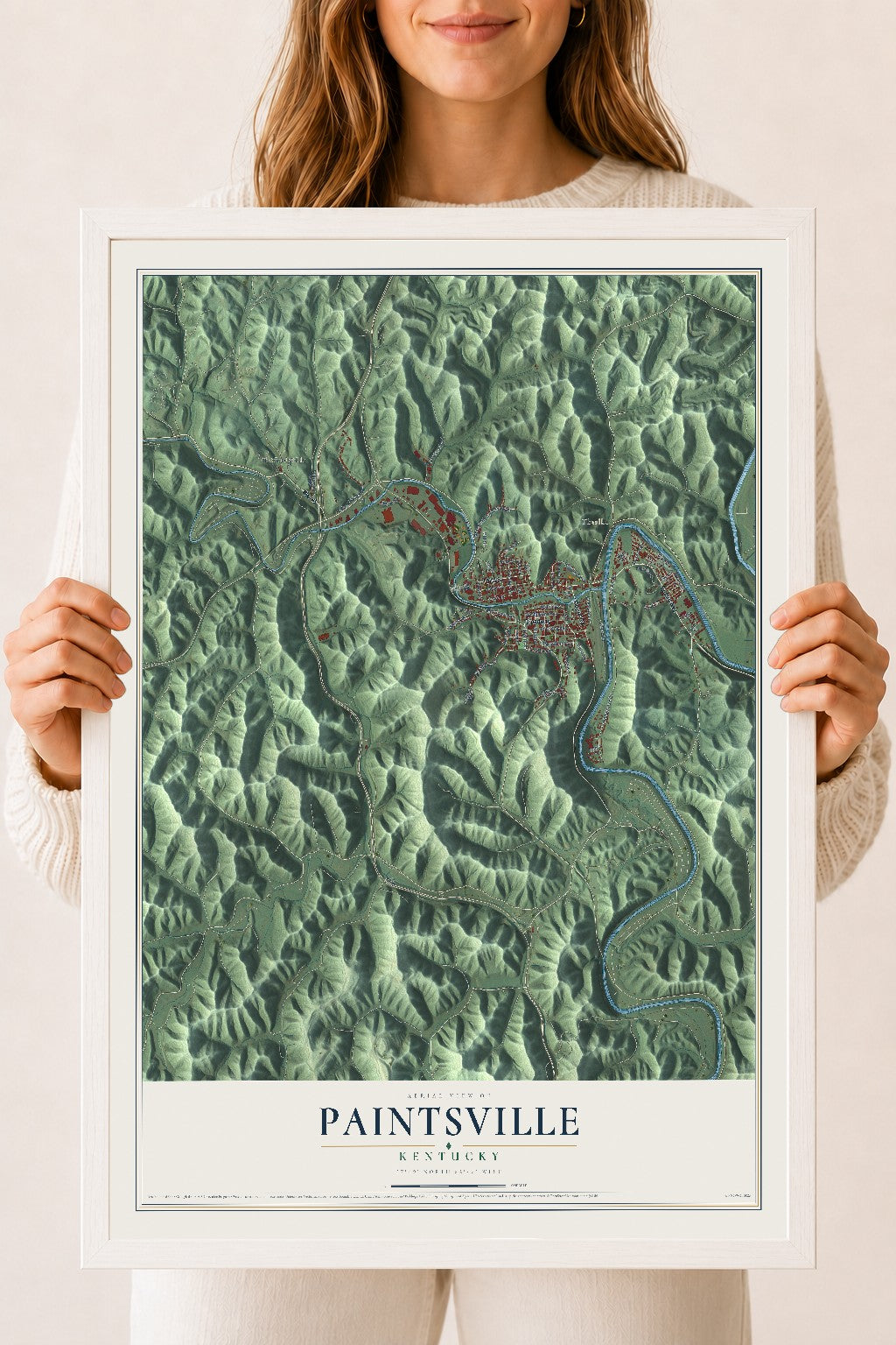 Map of Paintsville, Kentucky, 18 x 24 inch print in a white wood frame
