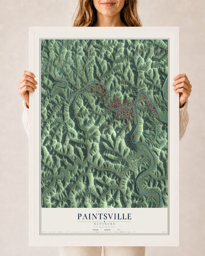 Map of Paintsville, Kentucky, 24 x 36 inch print in a white wood frame