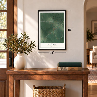 Panther, Kentucky map, 12 x 18 inch print in a black frame in an entryway