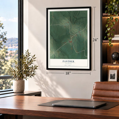 Panther, Kentucky map, 18 x 24 inch print in a black frame in a home office