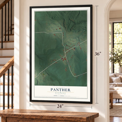 Panther, Kentucky map, 24 x 36 inch print in a black frame by a staircase