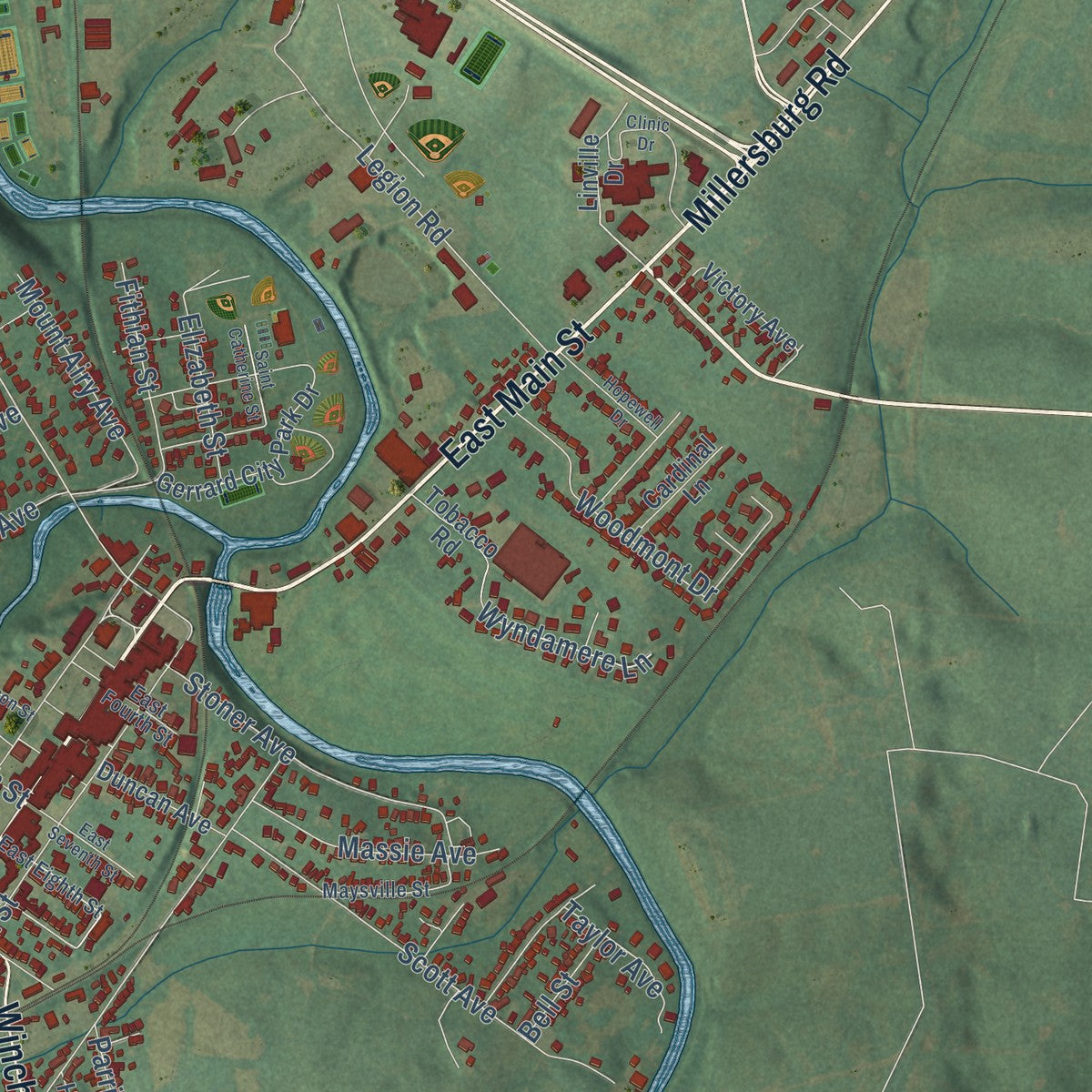Second close-up of the map of Paris, Kentucky print showing more streets and buildings