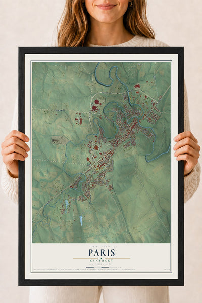 Map of Paris, Kentucky, 18 x 24 inch print in a black wood frame